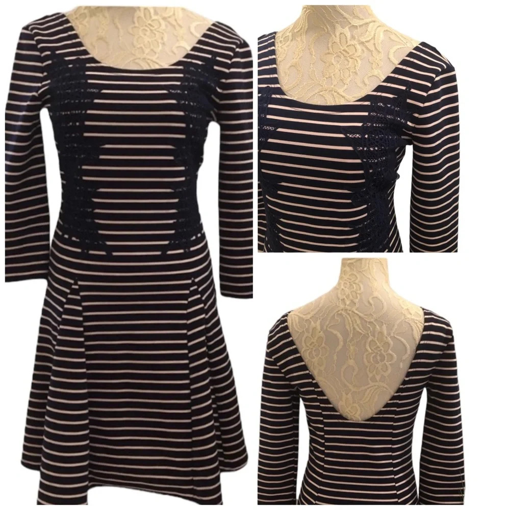 Free People Navy & Pale Pink Striped Fit & Flare - Picture 2 of 9